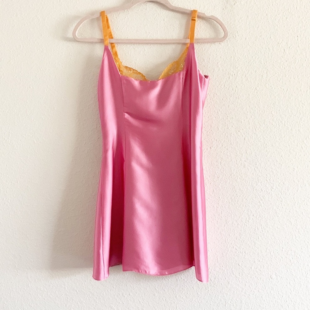 Poster Girl Pink Satin Orange Lace Trim Mini Dress Barbie Inspired